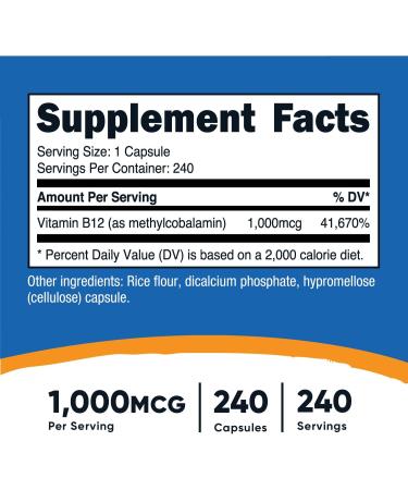 Nutricost Vitamin B12 Methylcobalamin 1000mcg Capsules - 240 Count Vegetarian Non-GMO Gluten Free Supplement - Buy Online on GoSupps.com