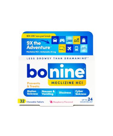 Bonine Non-Drowsy Motion Sickness Relief - Chewable Tablets with Meclizine HCL 25mg - Non Drowsy Medicine for Nausea or Motion Sickness - Cruise Essentials - Raspberry Flavor 32 Chewable Tablets