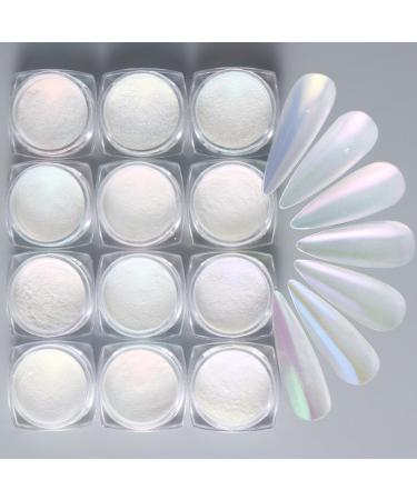 12 Colors white pearl chrome nail powder nail metallic mirror glitter powder aurora shimmer chrome pigment powder for nail manicure mirror effect nail art decoration 12 color set