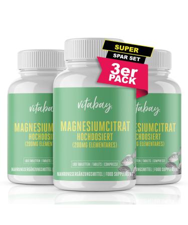Vitabay magnesium citrate tablets vegan & laboratory testing - 540 pieces (3 Set) - 1278 mg magnesium citrate (200 mg elementary) - Magnesium high -dosed capsules 180 pieces (3 -pack) magnesium citrate