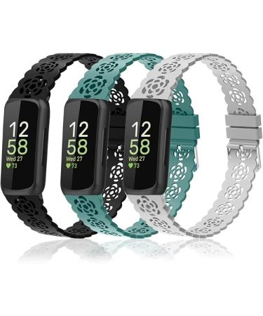 Nigaee Lace Silicone Bands Compatible with Fitbit Inspire 3-Inspire 2-Inspire HR-Inspire Adjustable Breathable Replacement Straps Soft Slim Silicone Wristbands - 3 Pack - Black-Gray-Pine Green