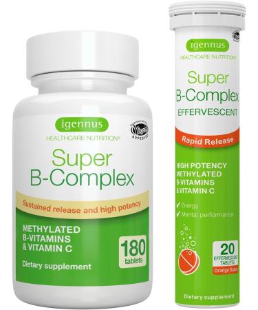 Super B-Complex & Effervescent Bundle, 180 Sustained-Release Tablets & 20 Orange Flavor Effervescent Tablets for Fast Energy On The Go, by Igennus