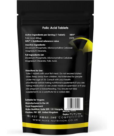 Nuke Nutrition Folic Acid 400mcg Tablets - 365 Count - Pre-Pregnancy Vitamins - Reduce Tiredness - Folate Supplement for Men & Women - Buy Online on GoSupps.com