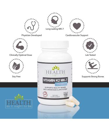 Vitamin K2 MK-7 150mcg 100 Capsules - Soy Free, Purity Tested - Works with Vitamin D - Health As It Ought To Be - Buy Online on GoSupps.com