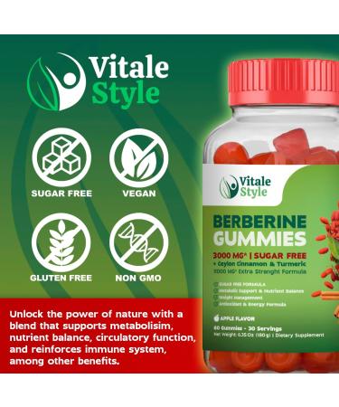 Berberine Weight Management Gummies 3000mg Ceylon Cinnamon Turmeric & B12 Complex | Supports Metabolic Balance & Energy |Vitale Sytyle | Vegan Sugar-Free | 60 Gummies - Buy Online on GoSupps.com