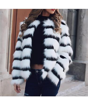 Women's Elegant Cropped Faux Fur Party Coat - Black & White Stripe Colorblock - Size XL - Buy Online on GoSupps.com