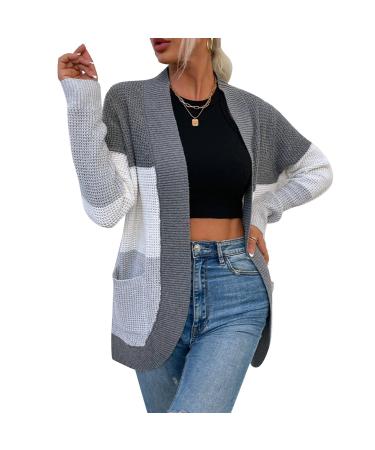 Zudoo Knitted Outerwear Soft Open Front Long Sleeve Warm Casual Travel Sweater Gray L