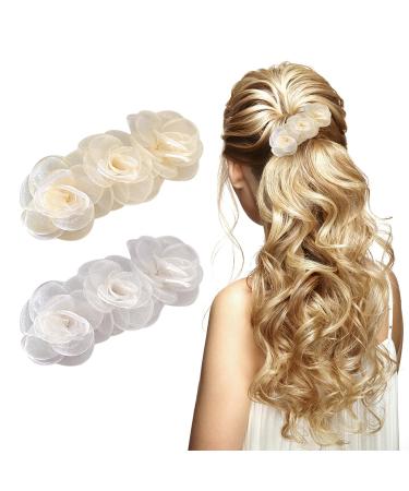 2 Pieces Camellia Hair Clips For Girls White Tiara Hair Accessories For Girls Flower Hair Clips For Women Wedding Hair Clips Small White Flower Hair Clips Handmade Hair Clips For Girls