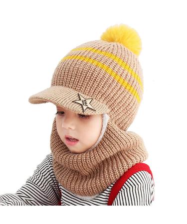 Uniyoung Baby Winter Warm Hat Scarf Toddler Girls Boys Ear Flaps Hood Balaclava Kids Fleece Lining Knit Pompom Beanie Hat with Visor Ski Snow Caps for 1-5 Years One Size Coffee