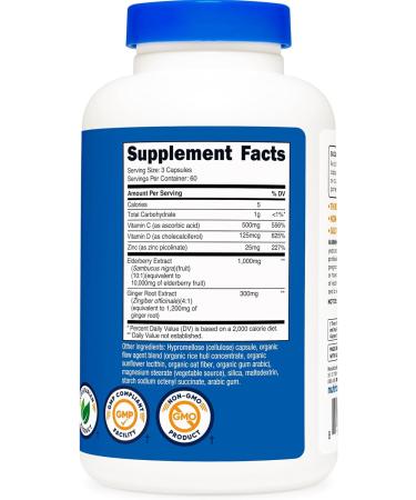 Nutricost Elderberry & Ginger Root Extract (1 300mg) with Vitamin C (500mg) Zinc (25mg) & Vitamin D (125mcg) 180 Capsules - Vegetarian-Friendly Supplement GMO-Free Gluten-Free 60 Servings - Buy Online on GoSupps.com
