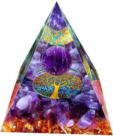 Moonstone Crystal Orgone Pyramid - Amethyst Ball Tree of Life - Ogan Crystal Energy Tower - Nature Reiki Healing Chakra Crushed Stone Jewelry - 5cm Amethyst Ball - Tree of Life