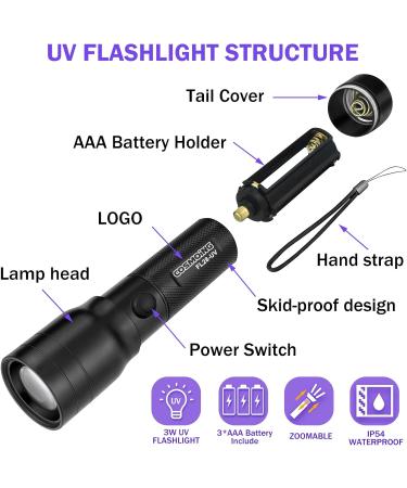 Geekhigh UV Flashlight 395nm - Zoomable Black Light for Pet Urine Detection Bed Bugs & Household Use - Includes 3AAA Battery - Buy Online on GoSupps.com