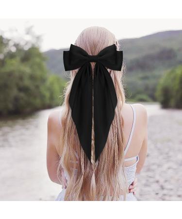 Hair Bow Clip Big Hair Bow Hairpin French Barrette Hair Clips with Long Silky Satin Long Silky Satin for Women Girls (Black) - Buy Online on GoSupps.com