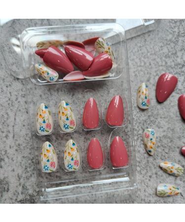 Almond Press on Nails - Short Floral Acrylic Nails Kit | Glossy Fall Design | 24Pcs Reusable Stick On Nails for Women & Girls - Buy Online on GoSupps.com