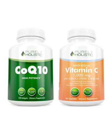 Purely Holistic CoQ10 100mg + Vitamin C 1000mg with Rosehip & Acerola Cherry Bioflavonoid - 120 Softgels & 365 Capsules Bundle - Made in USA