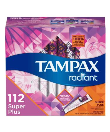 Tampax Radiant Plastic Tampons Super Plus Absorbency 112 Count Unscented (28 Count Pack of 4 -112 Count Total) (Packaging May Vary) 28 Count (Pack of 4) Super Plus Absorbency