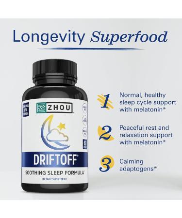 Zhou Driftoff - Nature Inspired Sleep Aid Valerian Root & Melatonin for Sleep for Men & Women Calm Sleeping Supplement for Adults with Gaba & Chamomile to Relax - 60 Veggie Capsules 60 Count (Pack of 1) - Buy Online on GoSupps.com
