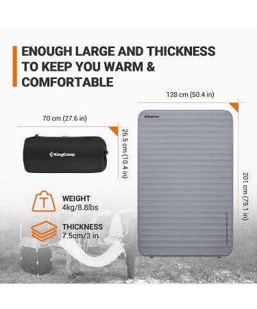 KingCamp Double Self Inflating Sleeping Pad | R Value 9.5 Camping Foam Air Mattress | Portable 3 Inch Thick for 2 Person | Grey 79.1''x50.3''x3 - Buy Online on GoSupps.com