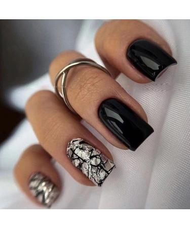 24 pieces press on nails short angular nails for sticking black crack full cover wrong nails French natural acrylic artificial fingernails for women girls diy manicure decoration