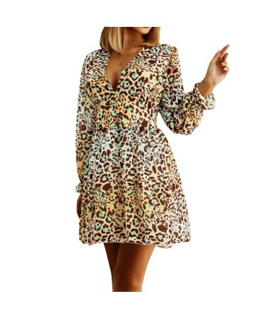 Ladies V Neck Leopard Print A Line Skirt Balloon Sleeve Long Sleeve Dress Woman Casual (Yellow, XL) X-Large Yellow