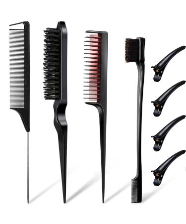 8 Pieces Edge Brush Teasing Comb with Hair Clips Grooming Hair Styling Comb Teasing Dual Edges Styling Brush Black Fluffy Bristle Hair Brush Sturdy Rat Tail Comb for Women Girls Kids and Hair Stylists