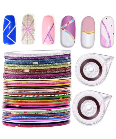Nail Striping Tape Line 40 Rolls Multicolor Glitter Matte Texture Decal Nails Art Adhesive Sticker Foil with 2Pcs Tape Roller Dispenser Holder