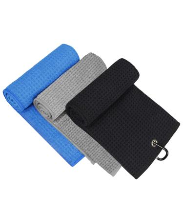 3 Pack Golf Towel, MOSUMI Golf Towel for Golf Bags with Clip, Microfiber Waffle Pattern Golf Towel,Tri-fold Golf Towel, Blue, Black and Gray Black/Blue/Gray