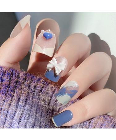 Luvadeyo Pack of 24 Stick-on Nails | French Wave Lines | Long Blue & White Artificial Fingernails | Acrylic Press-On Nail Tips for Women & Girls - Buy Online on GoSupps.com
