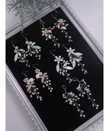 Denifery Handmade Earrings Flower Chandelier Earrings Bridal Earrings Flower Leaf Earrings Pearl Wedding Dangle Earrings Statement Rhinestone Earrings Jewelry for Wedding Party Daily Wear (Style 3)