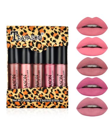 NVLEPTAP 5PCS Nude Matte Lipstick Liquid Lipstick Set Velvet Nude Lip Gloss Lip Stain Long Lasting Waterproof Non-Stick Cup Natural Lipstick Lip Makeup Gift Set for Women - Set 1