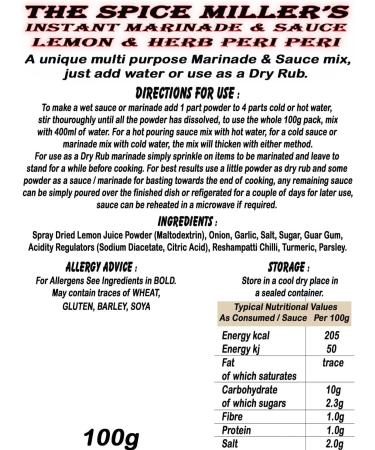 The Spice Miller's Instant Marinade & Sauce or BBQ Rub (Lemon & Herb Very Mild Piri Piri Peri Peri) Makes 400ml Lemon & Herb Mild Peri Peri - Buy Online on GoSupps.com