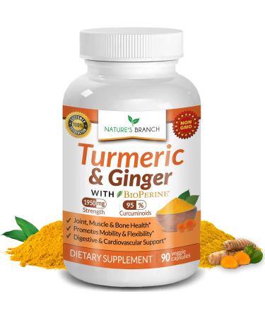 Extra Strength Turmeric Curcumin with Ginger & BioPerine - 1950mg Joint Pain Relief Supplement for Inflammation with Black Pepper Powder Extract - Premium Made in USA Vegan Non GMO Pills - 90 Capsules
