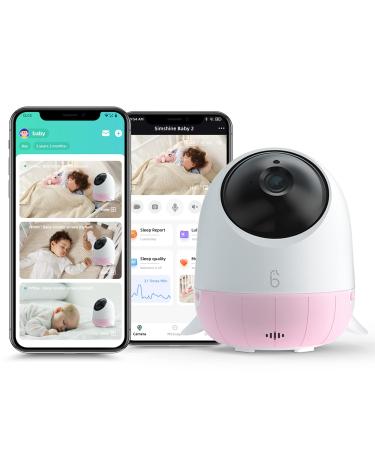 Simshine Baby Monitor with Camera and Night Vision Face Covered Alert AI Cry Soothing Lullaby Breathing Detection Temp Humidity 2K HD Video Camera 2-Way Audio Pink