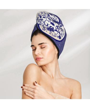 Blue & White Porcelain Microfiber Hair Towel - Soft Super Absorbent Quick Dry Wrap for Women | Ideal for Long Curly & Thick Hair - Buy Online on GoSupps.com