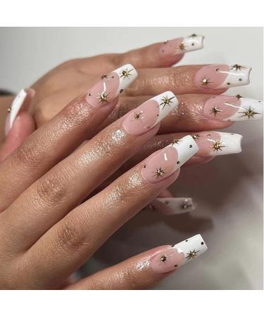 JUSTOTRY 24 Pcs Press on Nails Long White French Fake Nails Coffin with Diamonds Patterns Ballerina Stick on Nails for Women Acrylic False Nails Stars with Glue for Nail Art Decoration white &star long