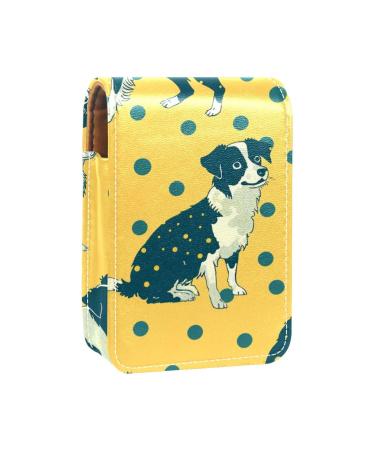 Lipstick Case Leather Lip Gloss Lipstick Organizer with Mirror Mini Lipstick Holder Bag Border Collie on Yellow Background B557r3darg