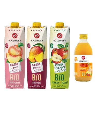 Hollinger Bio Premium Pack Mixte Jus de Fruits Biologiques P che Mangue Pomme Sauvage 3x1L Plus Boisson Immun+ Gingembre 330ml