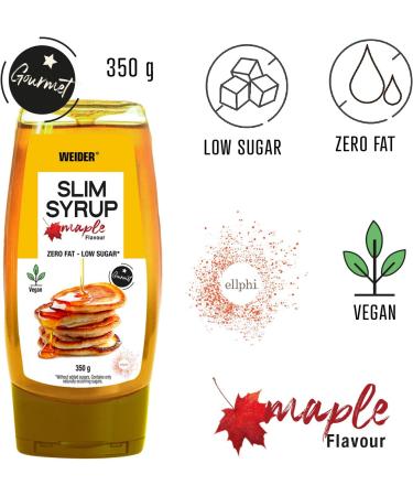 Weider Slim Syrup Maple. Maple Flavoured Syrup. for Delicious Recipes. Pancake Syrup. 100% Vegan. 0% Fat. Low in Calories. No Added Sugar. 350 g. - Buy Online on GoSupps.com