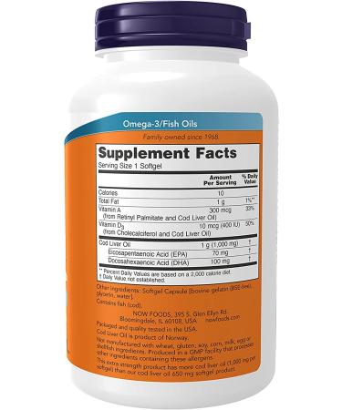 Now Foods Cod Liver Oil 1000 mg - 180 Softgels for Omega-3 & Vitamin A - Buy Online on GoSupps.com