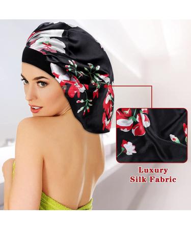 Satin Bonnet Set for Curly Hair | 2 Large Silk Sleep Caps for Women - Black & Black Flower | Hair Care for Braids and Long Hair - Buy Online on GoSupps.com