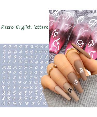 8 Sheets Retro English Letters Nail Stickers | 3D Self-Adhesive Nail Decals for DIY Manicure | Black White Gold & Silver Designs | Perfect for Women - Buy Online on GoSupps.com