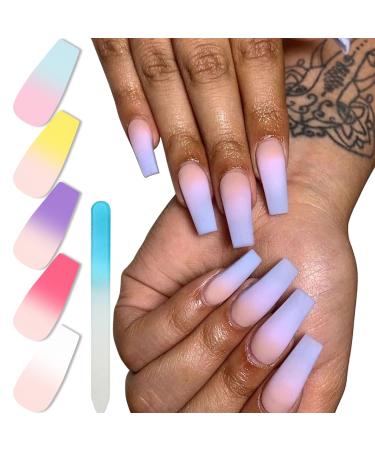 Artquee 120pcs 5 Colors Press on Nails French Ombre Medium Long Fake Nail Ballerina Matte Coffin False Acrylic Artificial File Full Cover Tip Art Multicolor Sets Manicure for Women and Girl Decoration J-ZCBMatte-JB5S