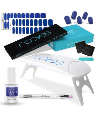 NOOVES Beauty Blue Starter Kit | 2 Premium Precursed Gel Nail Polish | UV/LED Nail Lamp | Glossy Gel Top Coat | Semi-Permanent Gel Nail Strips | Gel Nail Stickers
