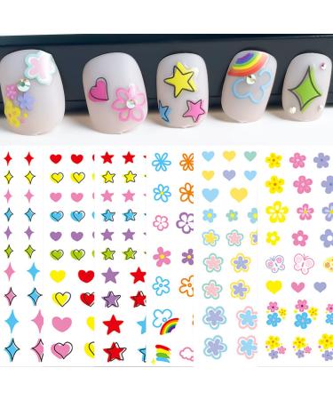 Cute Star Flower Heart Nail Stickers for Women and Little Girls Self Adhesive Color Nail Decal Stickers for DIY Nail Art Decorations and Nail Designs for Women Kids Nail Decor (6 Sheets)