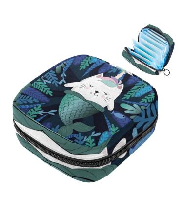 Menstruation pad bag with zipper women's napkin bag tampons collective bags for women and girls (funny magical cat unicorn and mermaid illustration)