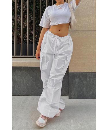 FEOYA Women Baggy Cargo Pants Drawstring Loose Straight Leg Hip Hop Parachute Pant - Y2K Egirl Joggers - White (Size Small) - Buy Online on GoSupps.com