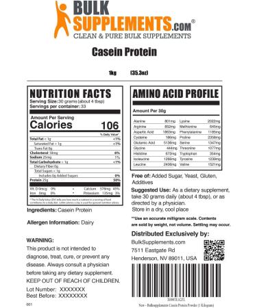 BulkSupplements.com Casein Protein Powder 2.2 lbs - Unflavored Low Carb Protein Supplement - Buy Online on GoSupps.com