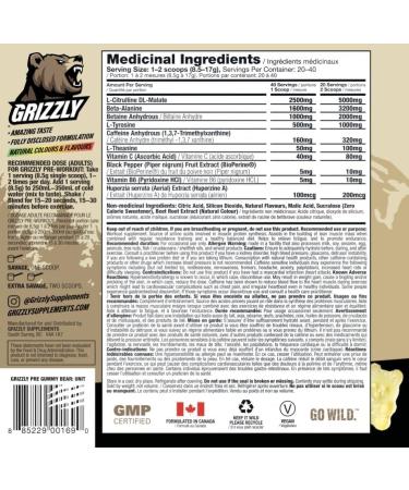 GRIZZLY PRE-WORKOUT SOUR GUMMY BEAR Strength Power Focus Caffeine Citrulline Beta-Alanine Sour Gummy Bear 40 Servings (Pack of 1) - Buy Online on GoSupps.com