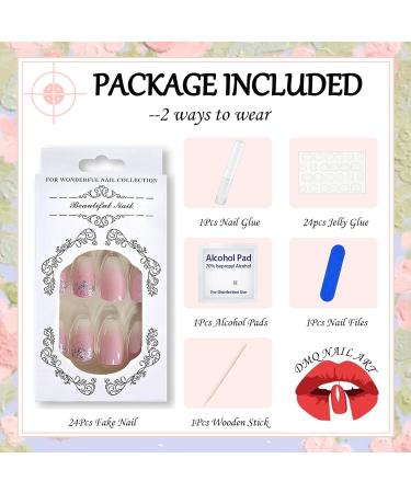 Pink White Glitter Coffin False Nails - 24Pcs Press on Nails for Women/Girls with Nail Glue - Gradient Glitter Nail Tips for Nail Art - Buy Online on GoSupps.com