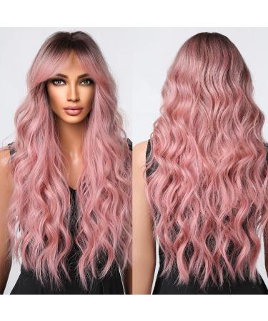 Pink Hair Wigs for Women Long Curly Wig with Bangs Ombre Synthetic Wig Heat Resistant Cute Wigs Cosplay Ombre Pink 25 Inch